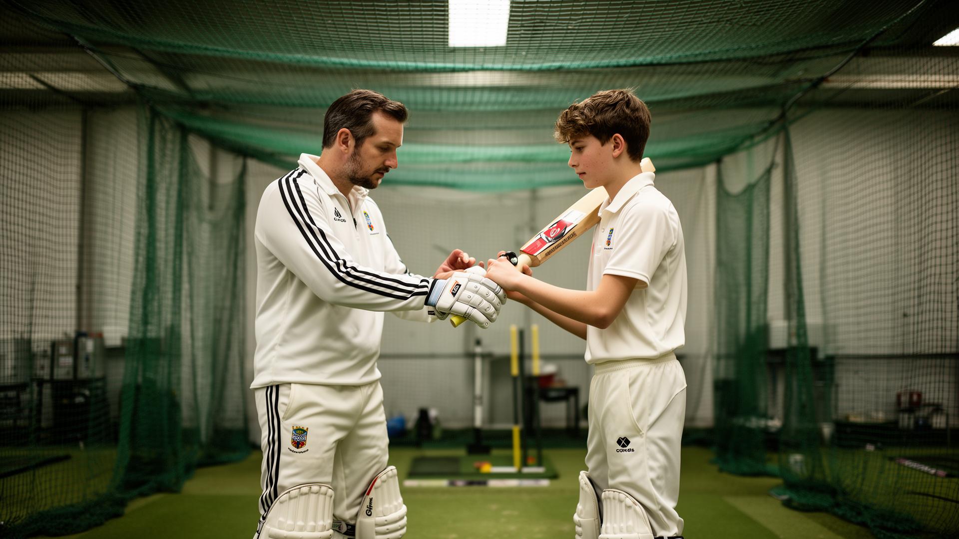 Head coach demonstrating batting grip in indoor nets